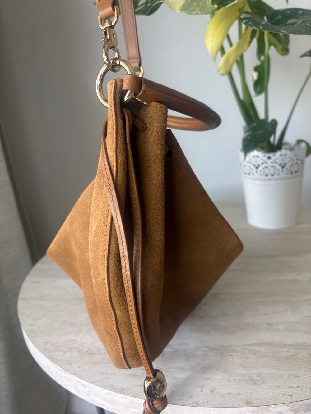 The Camren Gathered Shoulder Bag in aged cognac suede - Picture 5 of 16
